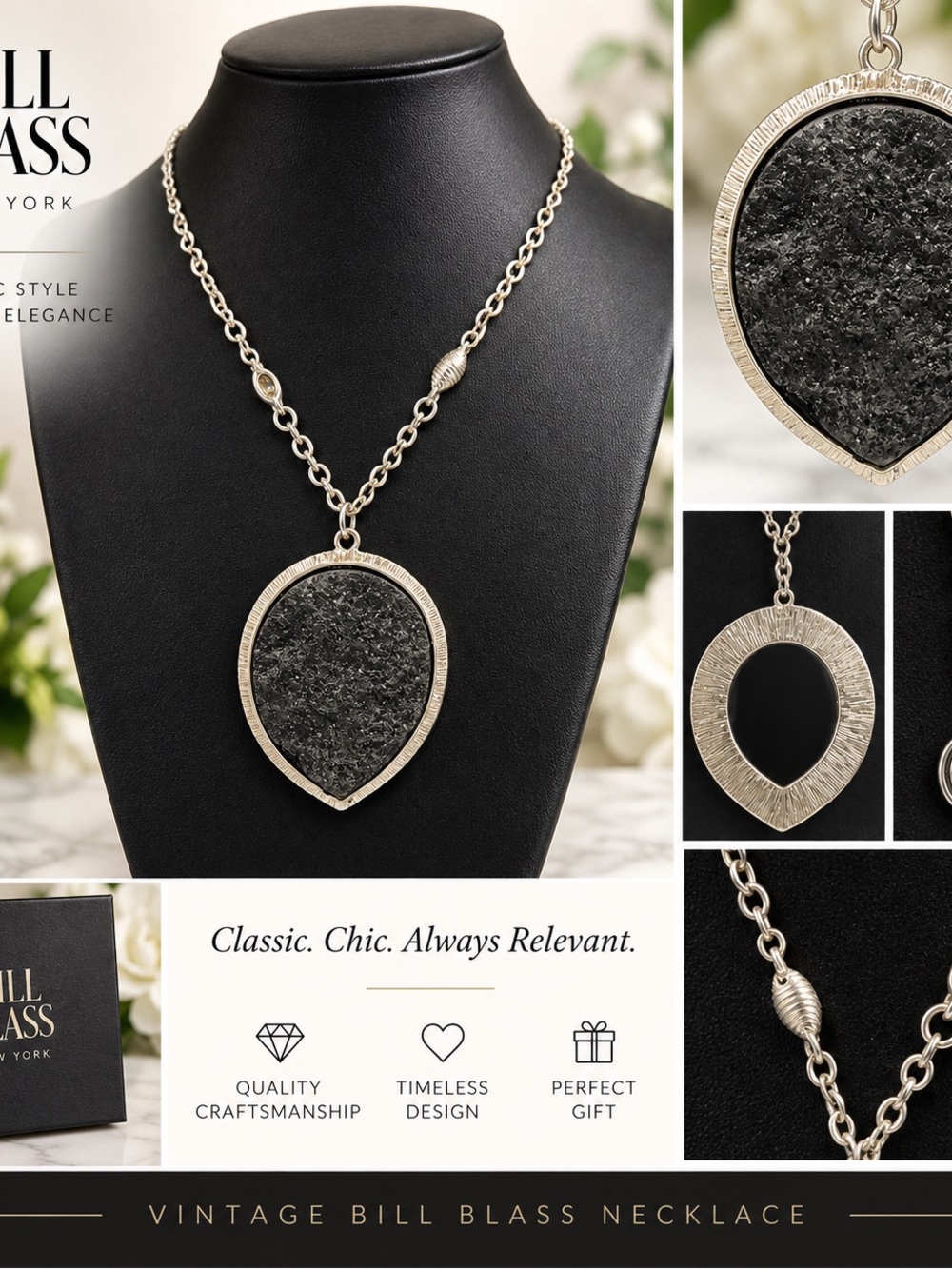 Bill Blass Signed Black Statement Pendant Necklace Tear Drop